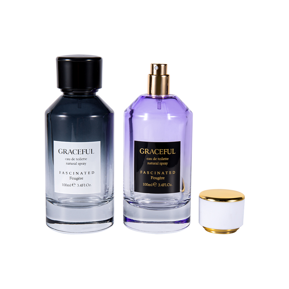 GC4418-WJ2098 100ML Warna Bersalut Botol Minyak Wangi Kaca Bercetak dengan Penutup Plastik ABS Kulit dan Pelapik PP UV