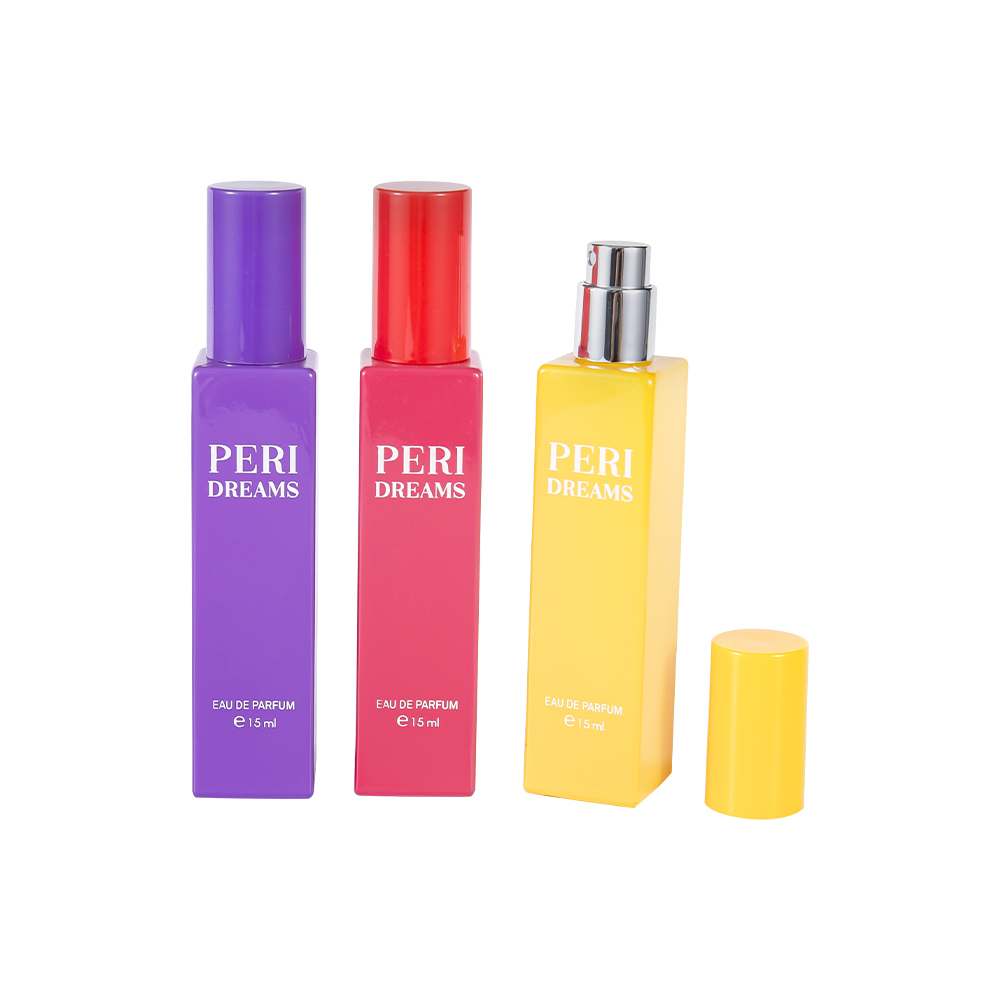 GC4421-WJ2369B 15ML Kapasiti Mini Botol Minyak Wangi Kaca Segi Empat Bersalut Dengan Penutup PP Silinder